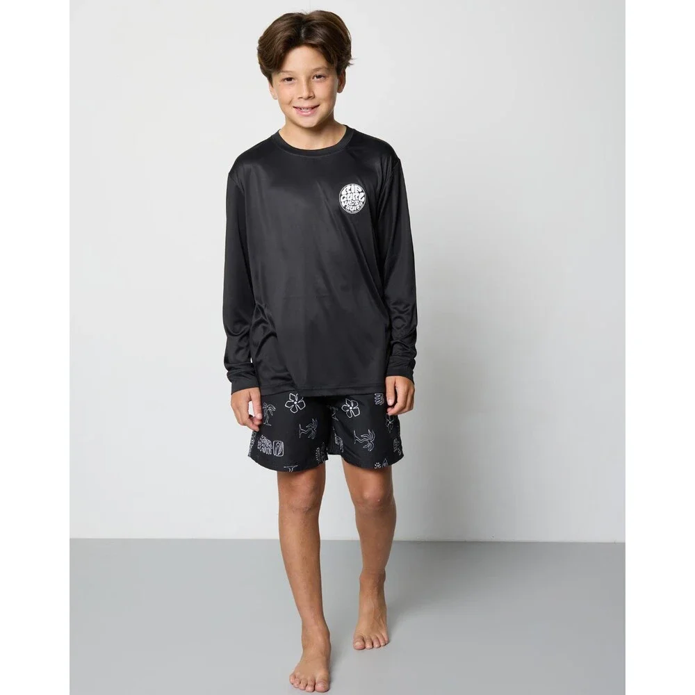 Rip Curl Icons Rash Vest Boy 16 Black Surflite Swimwear Crewneck Pullover JDM621